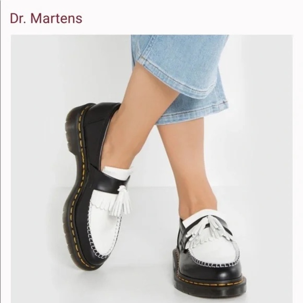 Dr. Martens Black and White Leather Tassel Loafers